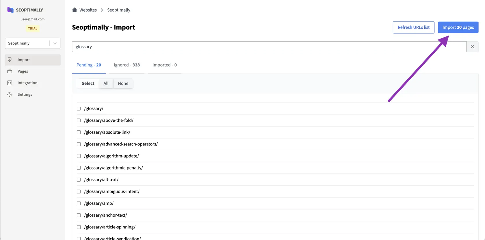 Import sitemap